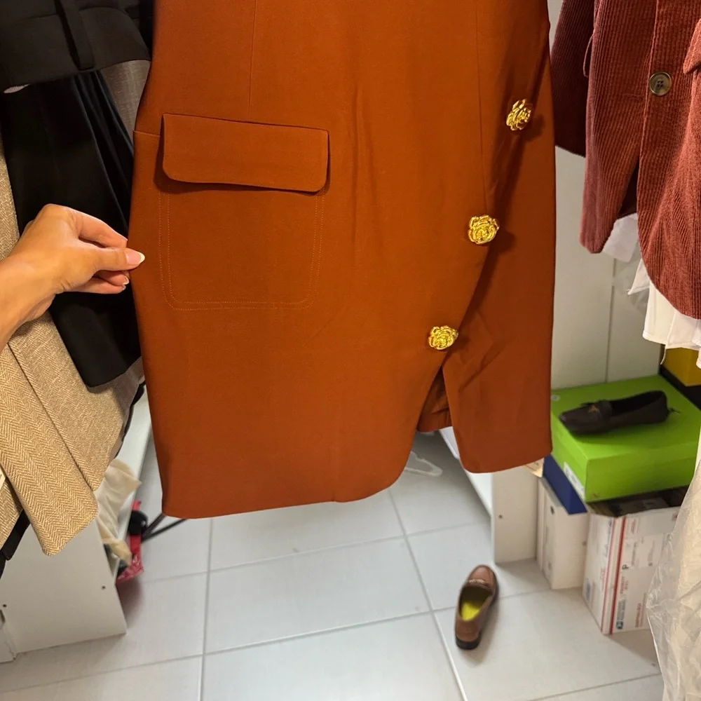 Commense Sleeveless Mini Dress in Rust with Gold Buttons - Picture 3 of 7